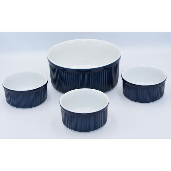 Dansk Bistro 4pc Christianshavn Blue Ribbed Ramekins & Soufflé Casserole Dish - Picture 1 of 8